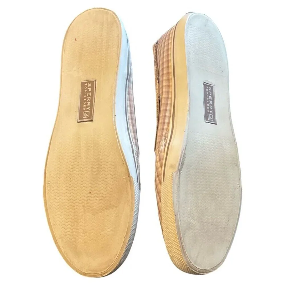 Sperry Top Sider Slip Ons Plaid Peach Brown & Cream Shoes size 9M - Picture 5 of 8
